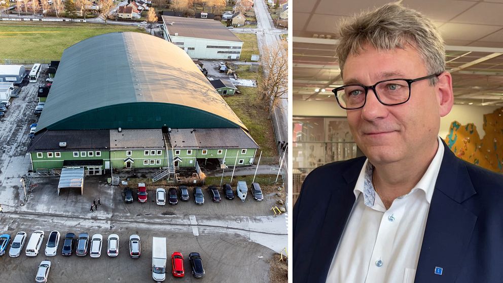 Tvådelad bild. Vänster: Grön industribyggnad med parkeringsplats. Höger: En man i kostym.