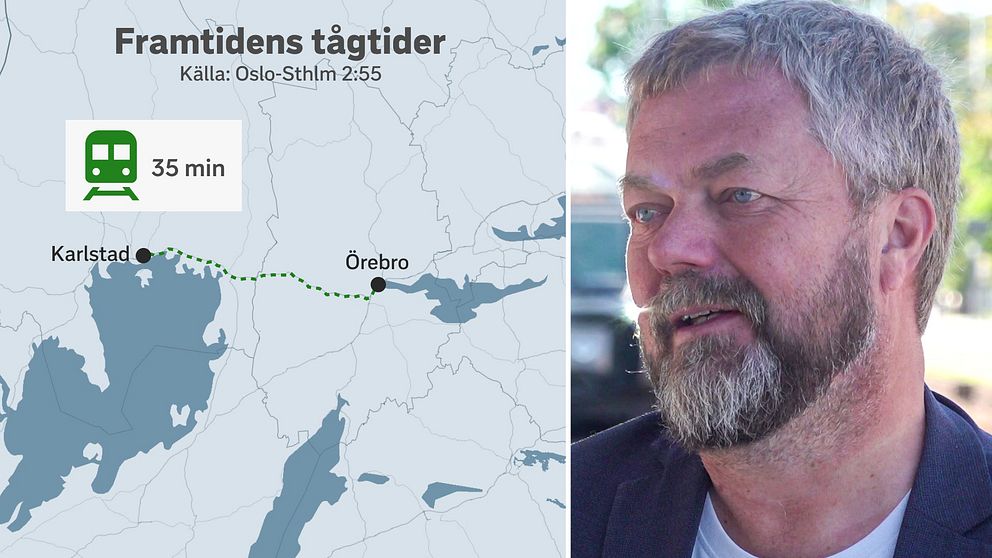 Till vänster en karta som visar hur en järnväg mellan Karlstad och Örebro kan se ut, till höger Jonas Karlsson.