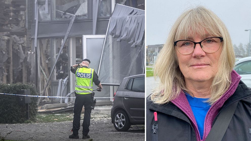 Polis framför söndersprängd fasad. Kvinna tittar in i kameran i separat bild.