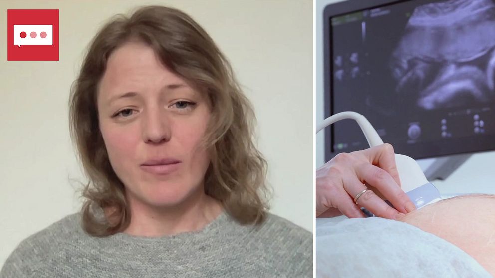 Delad bild. Maja Bodin, forskare i reproduktiv hälsa till vänster. Ett ultraljud som görs på en gravid person till höger.