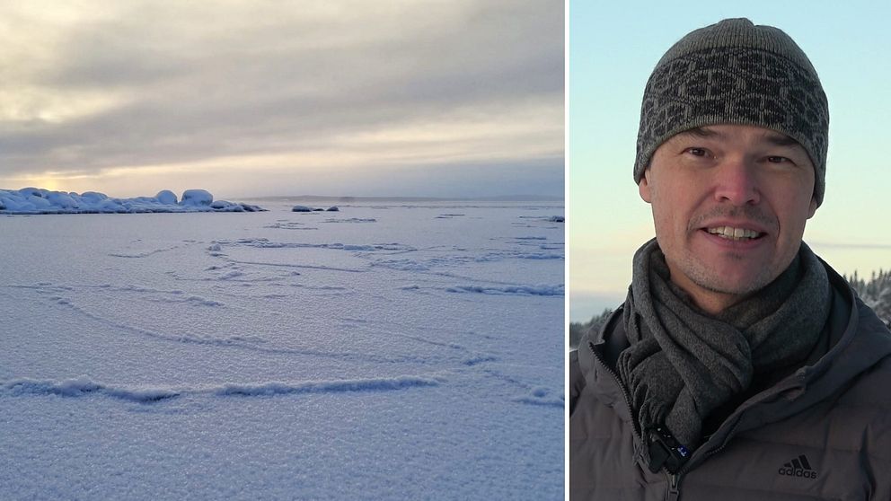 Till vänster är en bild på att det lagt is på Storsjöflaket. Till höger en bild på isbevakaren Andreas Gyllenhammar som står utomhus på vintern.