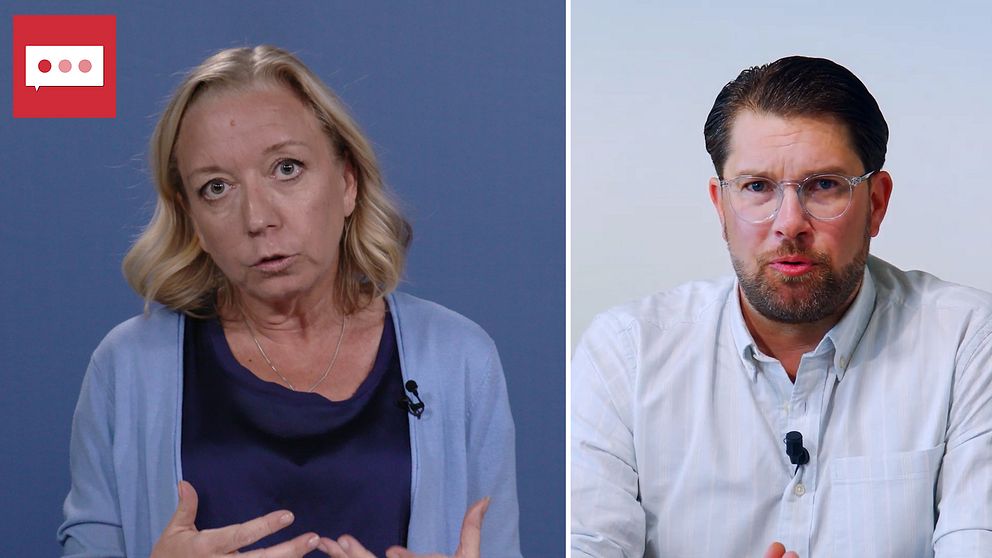SVT:s inrikespolitiske kommentator Elisabeth Marmorstein och Jimmie Åkesson.