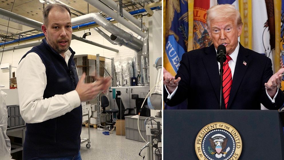 Bild på Bengt Myrhman, vd på Minitube i Trångsviken samt en annan bild på Donald trump där han prayar med utsträckta armar.