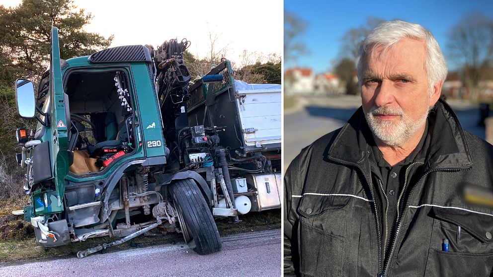 En delad bild med två sektioner: till vänster syns en lastbil som har kraschat med skador på fronten och sidan. Till höger står en person i mörk jacka utomhus.