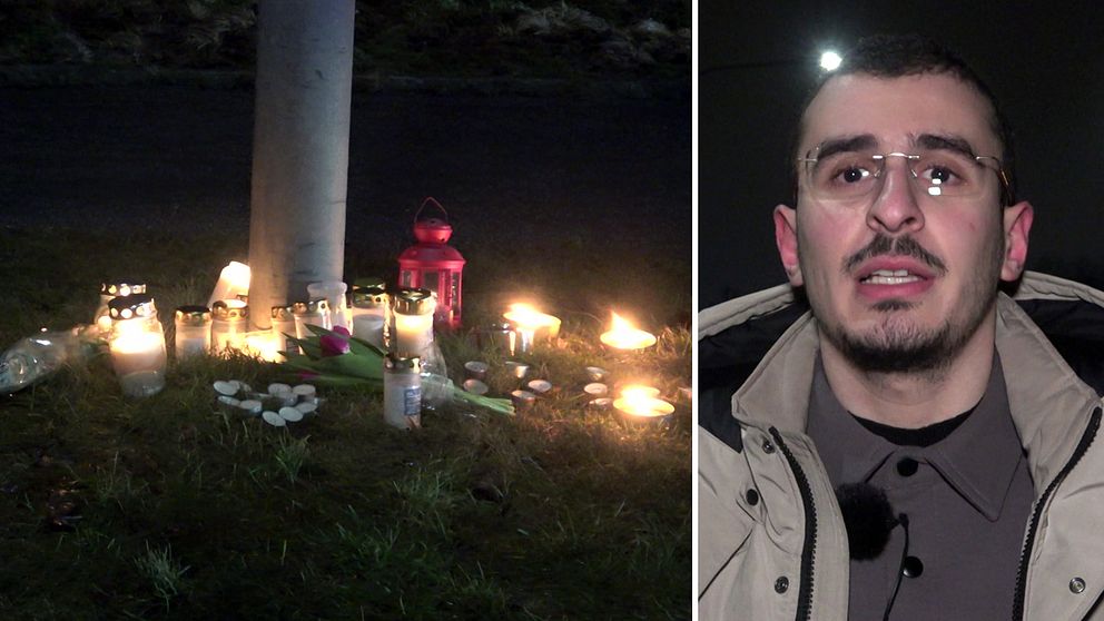 En delad bild med två sektioner: till vänster syns ett minnesmärke med tända ljus och blommor placerade vid foten av en stolpe i mörkret; till höger visas en person i mörk jacka mot en mörk bakgrund.