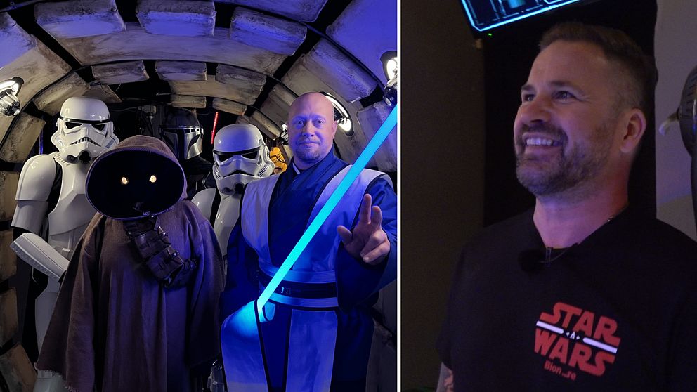 Delad bild. Till vänster: personer utklädda till Star Wars-karaktärer. Till höger: man i Star Wars-tröja.