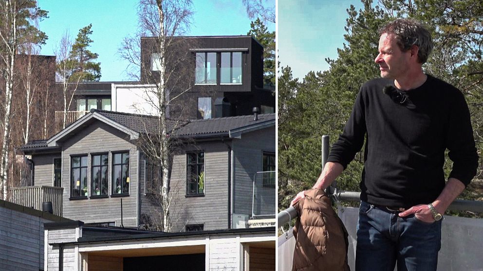 Entreprenören Erik Hedenstedt tittar ut över stolphusen i Emils backe utanför Trosa.