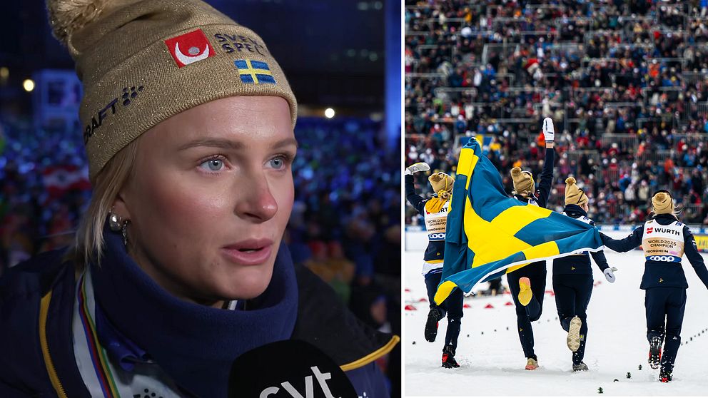 Tvådelad bild. Vänster: Person i skid- eller sportmiljö. Höger: Idrottslag med svensk flagga på arena.