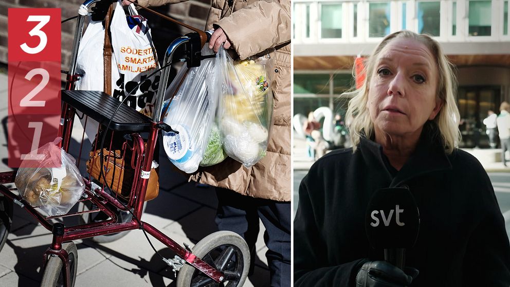 Tvådelad bild. Vänster: Rullator med shoppingkassar. Höger: Reporter framför byggnad.