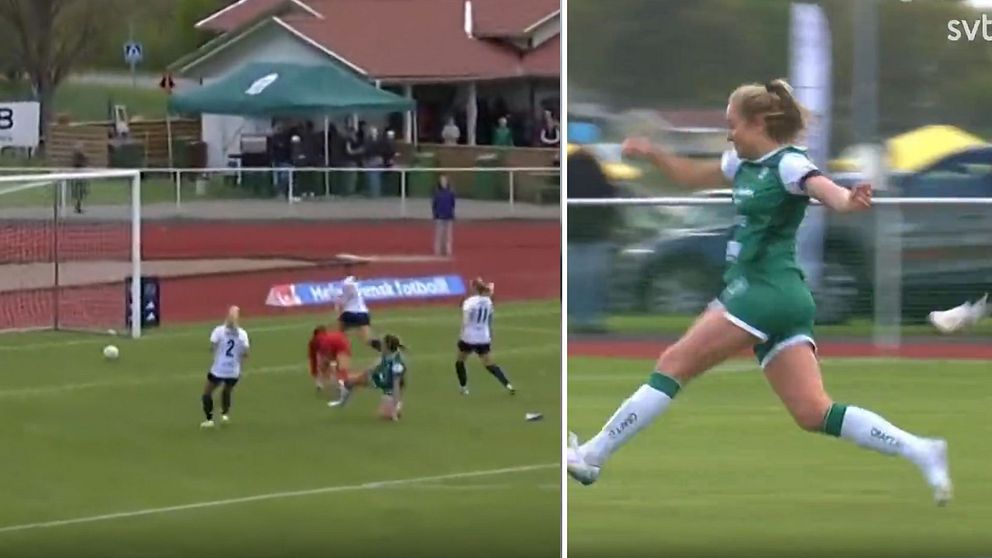 Delad bild. Till vänster: fotbollsmatch vid målchans. Till höger: spelare i grönt sparkar bollen.