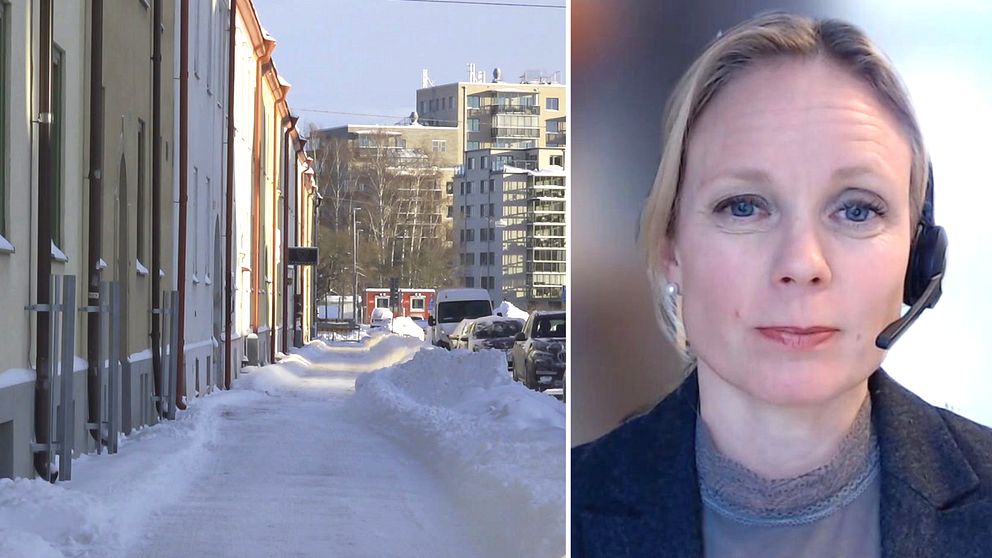 Gata i täckt i snö och Lisa Hjelm, chef på Fastighetsägarna Mittnord