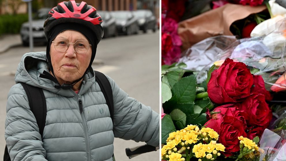 Delad bild. Till vänster: person med cykelhjälm utomhus. Till höger: blommor och buketter.