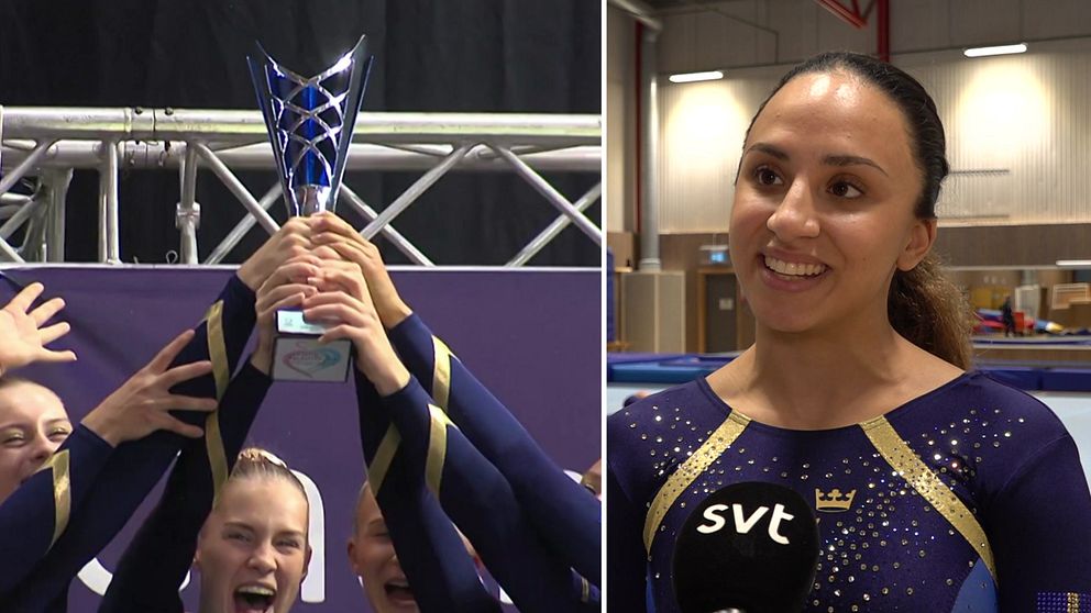 Till vänster firar truppgymnastiklandslaget guldet 2022, till höger står Nicole Hosseini med en SVT-mikrofon framför sig.