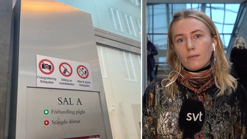 Utanför rättegångssal i hovrätten och SVT:s reporter Moa Roos