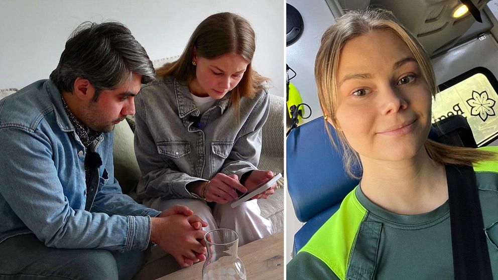 Tvådelad bild. Till höger: Sjuksköterskan Linn Gustafsson  sitter i en ambulans. Till vänster sitter hon i vardagskläder och visar något på sin skärm för en reporter.