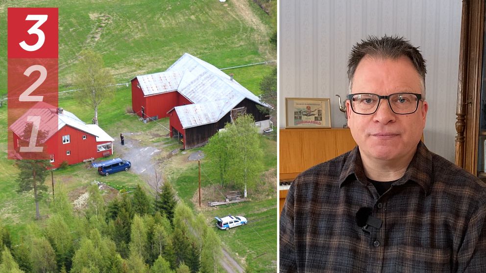 En delad bild med två sektioner; till vänster en fågelperspektivbild av en röd gård med flera byggnader och omgivande grönskande landskap, inklusive en bil och en polisbil, till höger en man klädd i en rutiga skjorta, sittandes framför ett rum med en piano och hyllor.