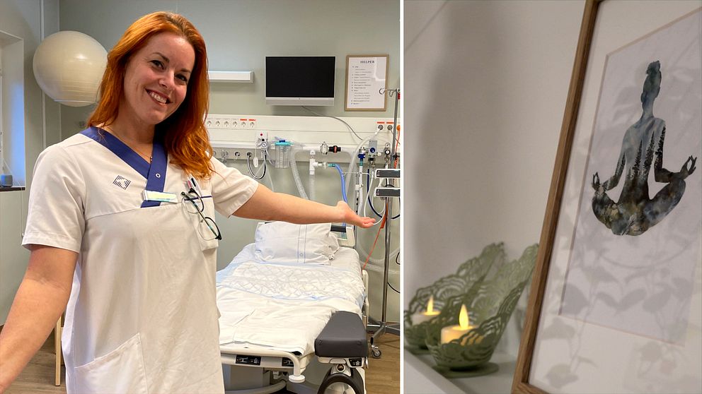 En sjuksköterska visar upp en vårdmiljö med en säng och medicinsk utrustning i bakgrunden. Till höger syns en inramad illustration av en mediterande figur och ljus på en bänk, vilket bidrar till en lugn atmosfär.