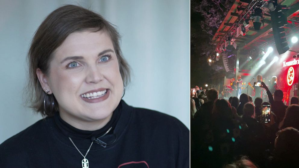 En delad bild som visar två scener. Den vänstra sidan visar Aino Oxblod i en svart tröja, som är en av Markus Krunegårds största fans. Den högra sidan visar Krunegårds konsert med en stor folkmassa som tittar på en scen, där ljus och färger skapar en festlig atmosfär.