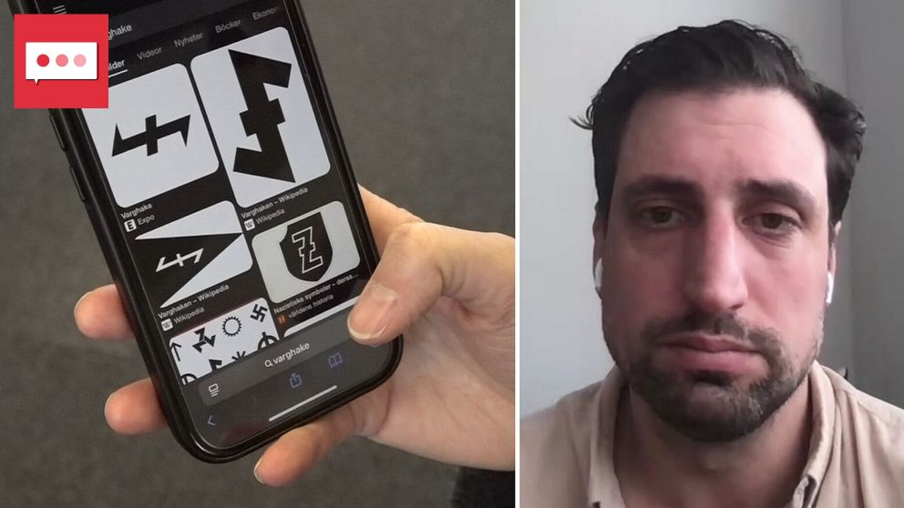 Delad bild. Till vänster: hand håller mobil med svartvita symboler. Till höger: person inomhus.