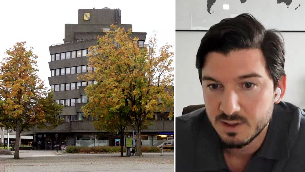Delad bild. Till vänster: stadshus med höstträd. Till höger: person inomhus.