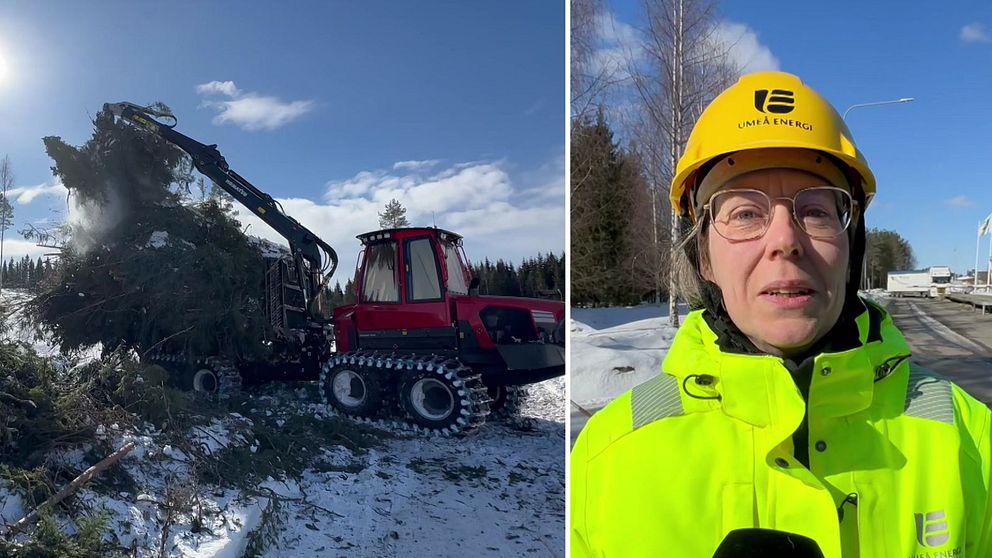 en skogsmaskin och en företrädare för Umeå energi