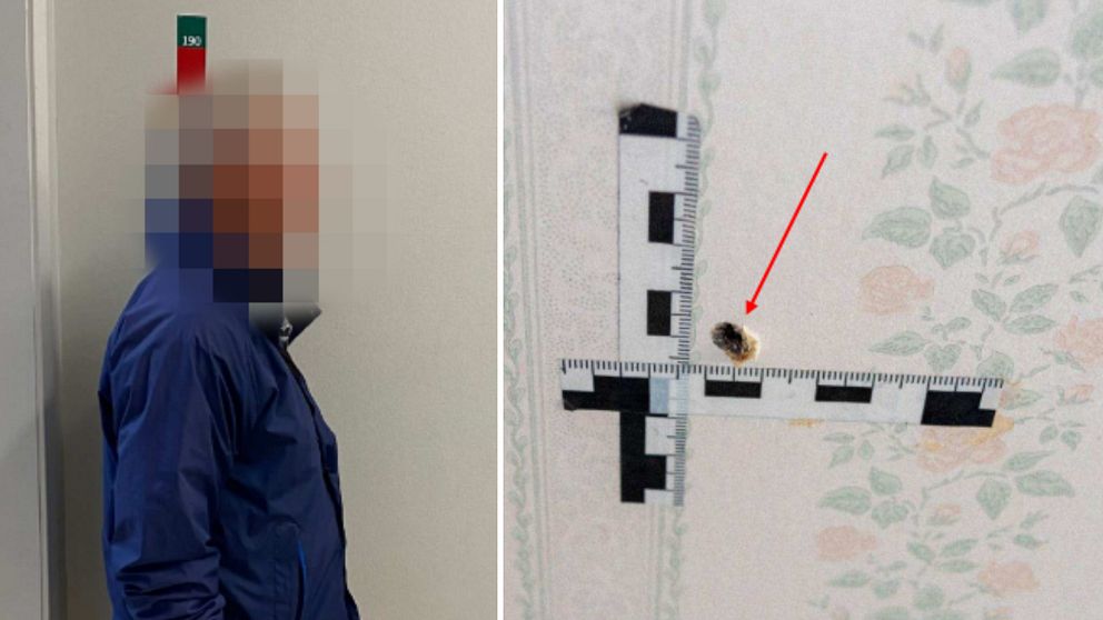 En delad bild som visar två sektioner. Till vänster syns en person som står bredvid en vägg med en markerad måttskala, vilket indikerar längd eller höjd. Personen bär en blå jacka och har en suddig ansiktskontur. Till höger finns en närbild av en vägg med en liten skada eller ett hål, med en linjal placerad för att mäta storleken på skadan. En röd pil pekar på hålet för att framhäva det.