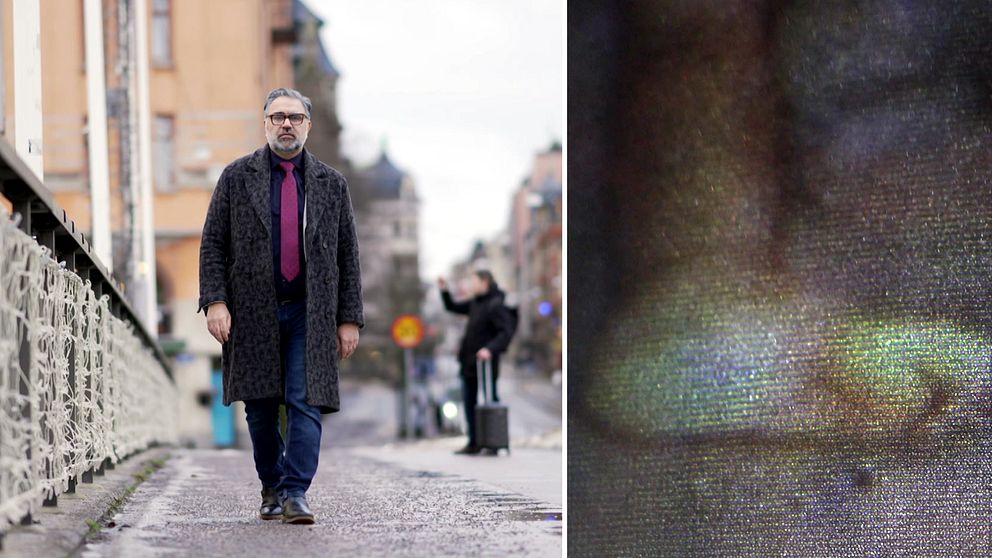 Eihab som intervjuas syns gåendes på en bro i centrala Norrköping. Han har flyttat dit efter att han flydde från Syrien. Till höger syns foten på ett av offren från syriske diktatorn Bashad al-Assads offer.