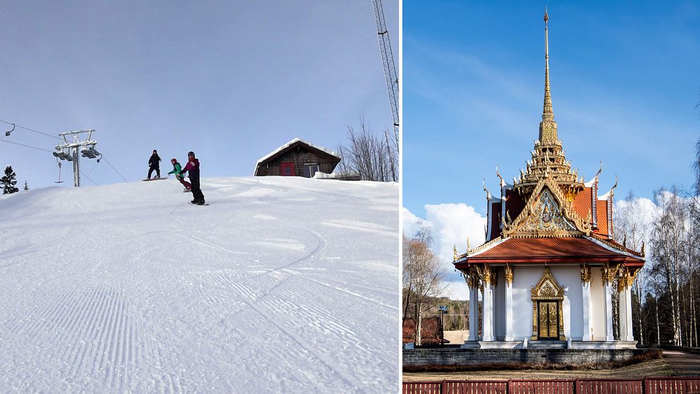 Splitbild. Till vänster folk i slalombacken i Funäsdalen. Till höger thaipaviljongen i Utanede.