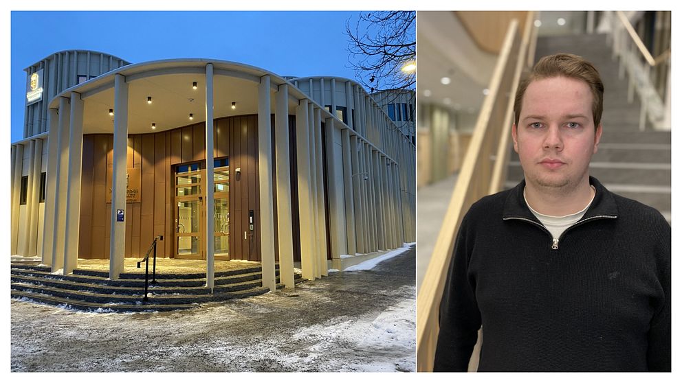 Till vänster syns Norrköpings tingsrätt. Byggnaden är omgiven av snö och grus. Till höger står en man som är klädd i en mörk tröja, positionerad på en inomhustrappa i en ljus miljö.