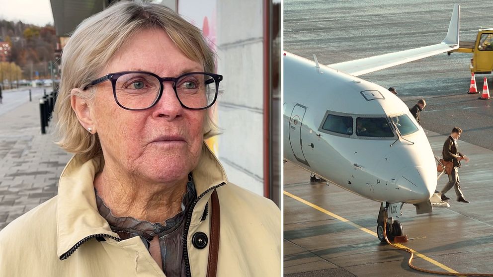 En delad bild som består av två sektioner. Den vänstra sektionen visar en person med ljus jacka och glasögon som står utomhus, med en stad som bakgrund. Den högra sektionen visar passagerare går av ett flygplan.