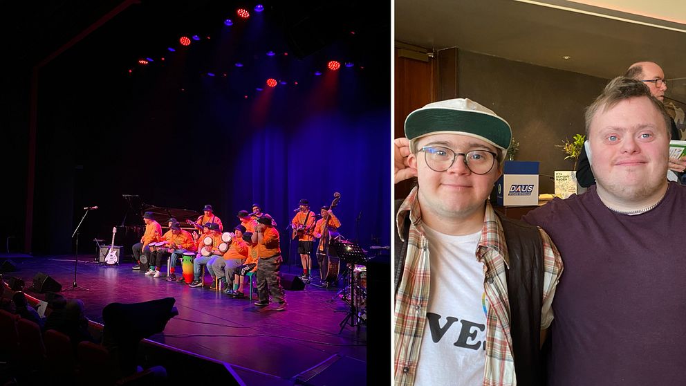 Tvådelad bild. Till vänster: orkester spelar på scen. Till höger: två personer poserar tillsammans.