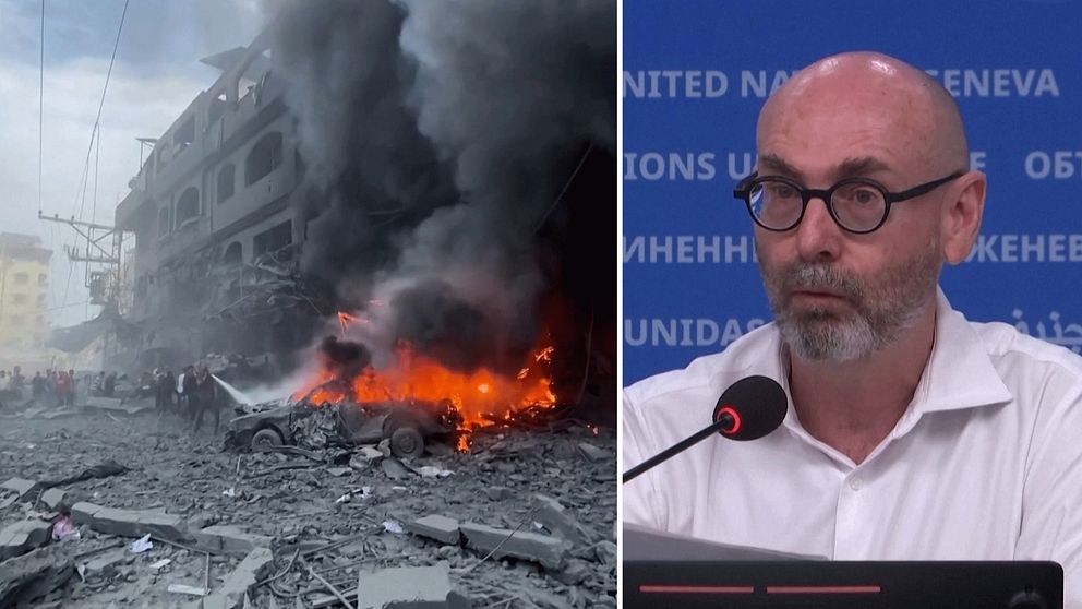 Brinnande bil och man med vit skjorta