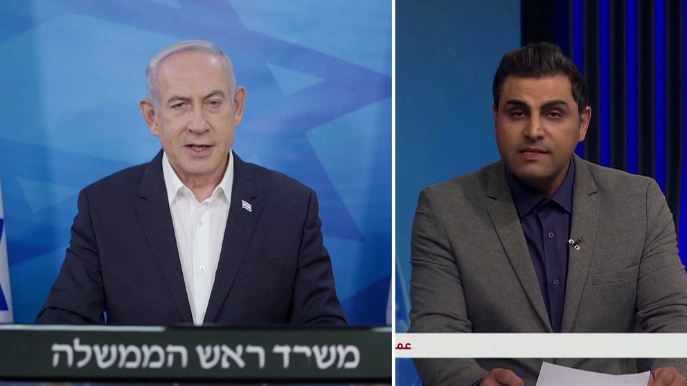 Benjamin Netanyahu och iransk nyhetsuppläsare.