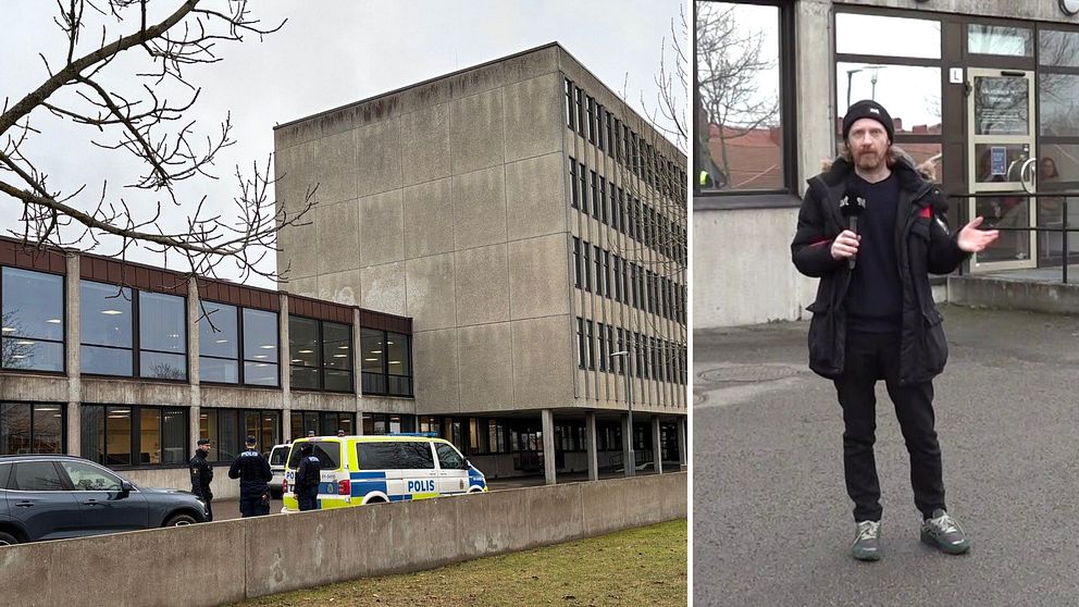 Tvådelad bild. Vänster: polisbil vid grå byggnad. Höger: reporter talar utanför byggnaden.