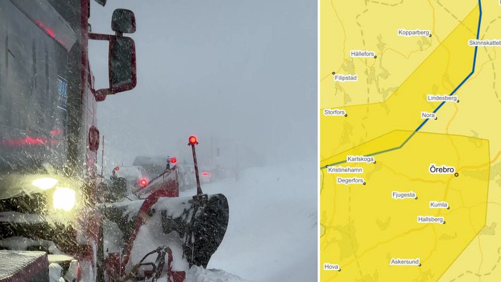 Till vänster syns en en plogbil i en kö av bilar i snöyra. Till vänster syns SMHIs karta över länet, där allt är gulmarkerat.