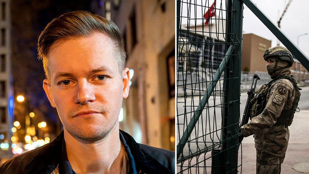Delad bild. Till vänster: person utomhus i stadsmiljö. Till höger: soldat vid inhängnat område.