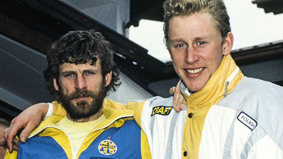 Svenska längdskidåkarna Thomas Wassberg och Gunde Svan i samband med en pressträff vid VM i längdskidåkning i Oberstdorf, Västtyskland, 11:e februari 1987.