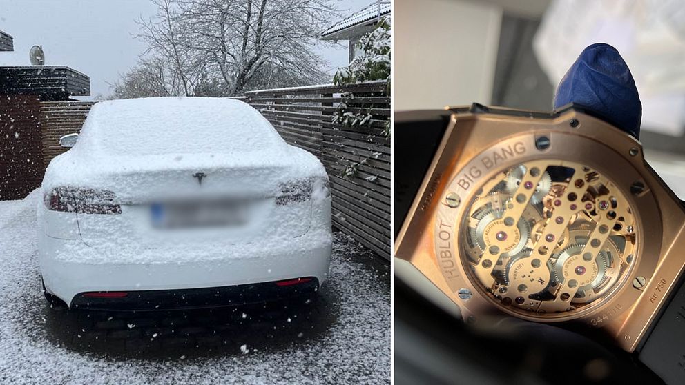 Tvådelad bild. Vänster: Snötäckt bil bakifrån. Höger: Urverk i närbild.
