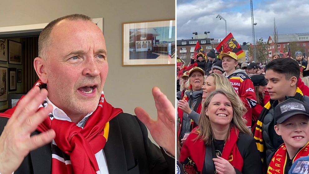 Delad bild: Luleå hockeys tränare Thomas ”Bulan” Berglund som intervjuas och gestikulerar, samt glada fans på torget
