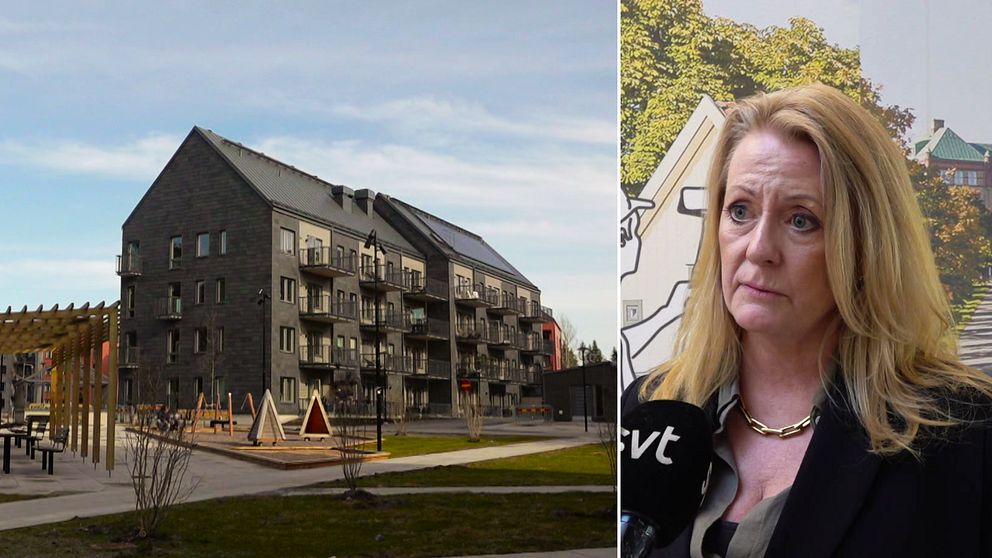 Nybyggt hus. Kvinna i kavaj som står mot bakgrund där Gävle stadsbild syns.