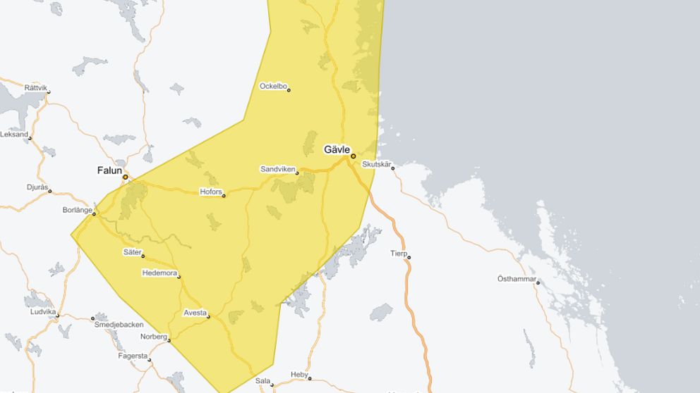 En karta från SMHI där riskområden är markerade i gult, delar av Dalarna och Gävleborgs län är några riskområden.