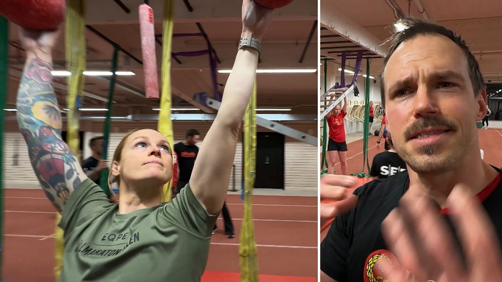 En delad bild som visar två sektioner av en idrottshall. Den vänstra sektionen visar en person med en färgglad tatuering som lyfter en tung boll under träning. Den högra sektionen visar en annan person i en idrottslig miljö, med fokus på deras handrörelse, vilket antyder en aktiv dialog eller instruktion. Båda sektionerna betonar fysisk aktivitet och träning.