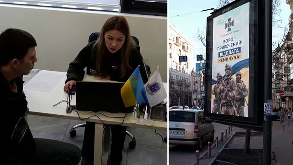 Rekryteringskontor för den ukrainska armén med kvinna och man sittandes vid bord, till höger skylt i gatumiljö