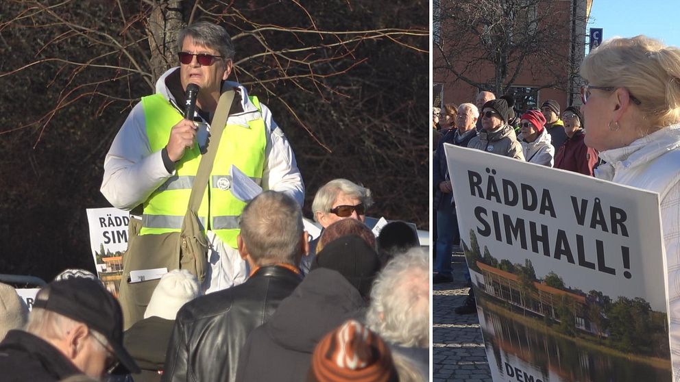 Föreningen Växjö Forum demonstrerar med plakat där det står ”Rädda vår simhall”-