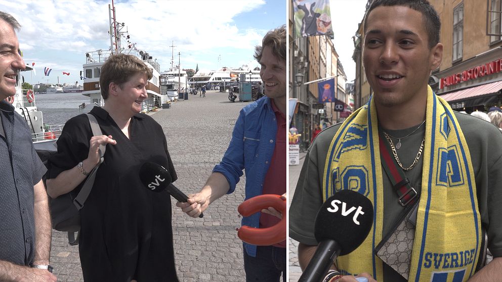 Man och kvinna, SVT-reporter med falukorv, ung man med Sverige-halsduk