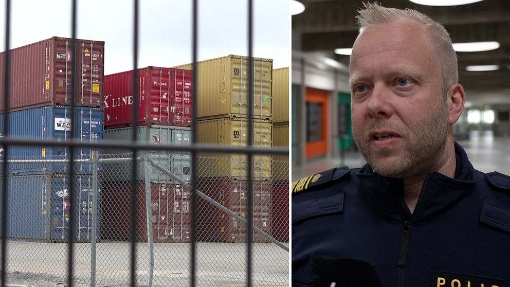Stora containrar och en man i poliskläder
