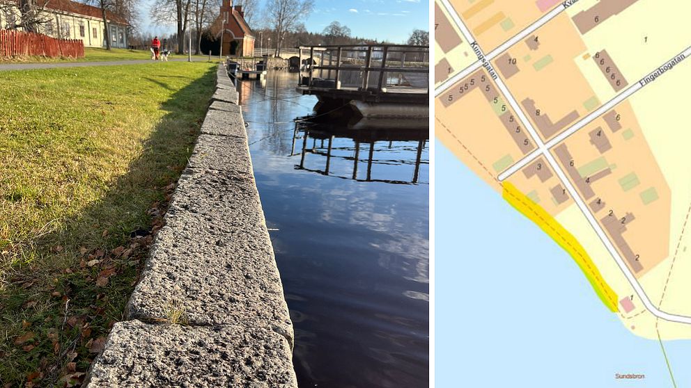 Delad bild med två sektioner. Vänster sektion visar en gångväg vid en flodkant med gräs och kullerstenskanter under en solig dag, med en hundägare på promenad. Höger sektion är en karta över samma område, med en markering längs flodkanten som visar gångvägens läge.