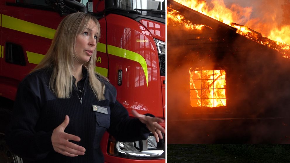 Kvinna framför brandbil, hus som brinner