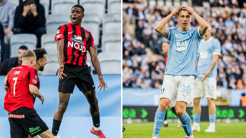 Delad bild. Vänster: spelare i BP jublar. Höger: spelare i Malmö FF ser besvikna ut.
