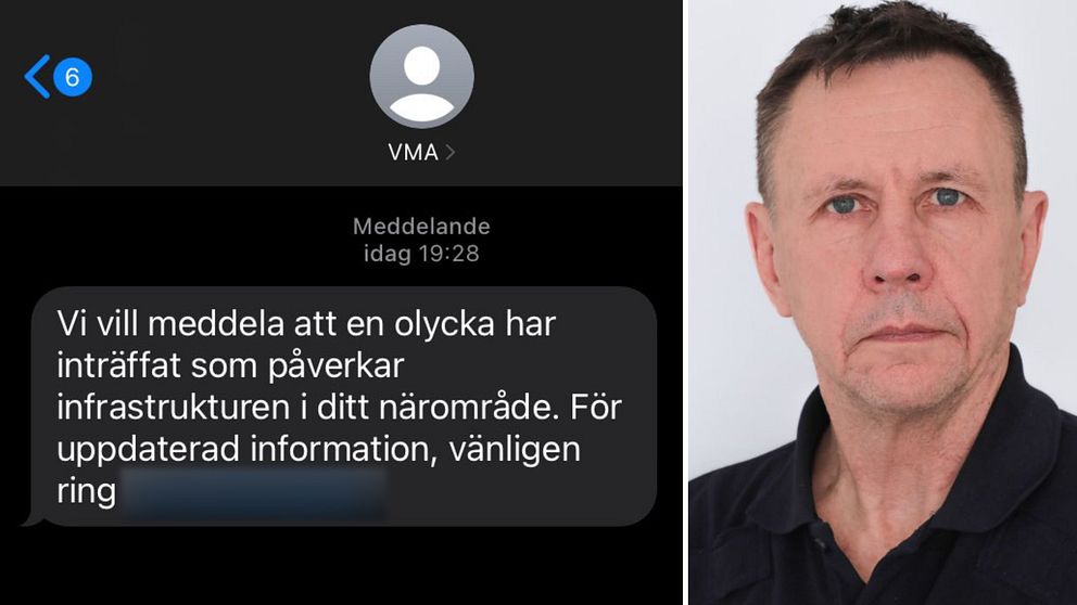 Sms med falskt VMA där den som läser uppmanas klicka på ett nummer samt porträttbild på polisens presstalesperson Johnny Gustafsson